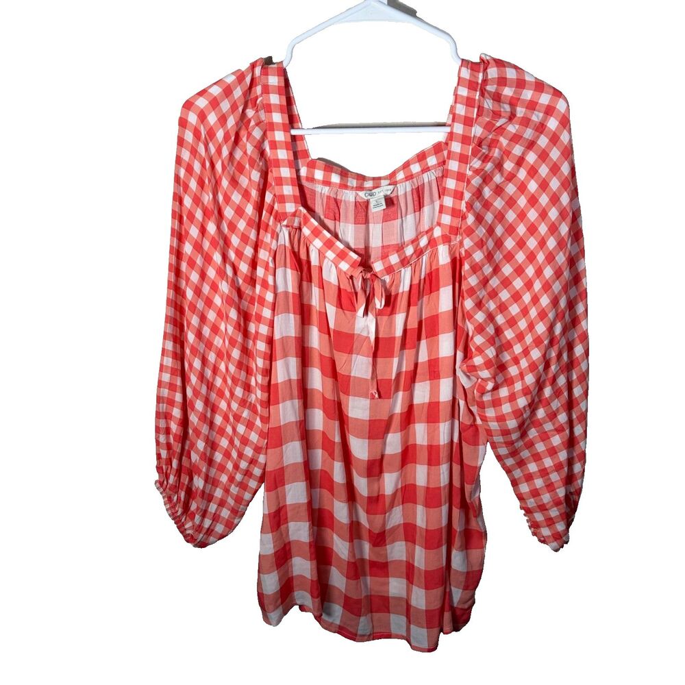 Cato Blouse Women's Large Plaid Gingham Square Neck 3/4 Sleeve Tie Boho Top